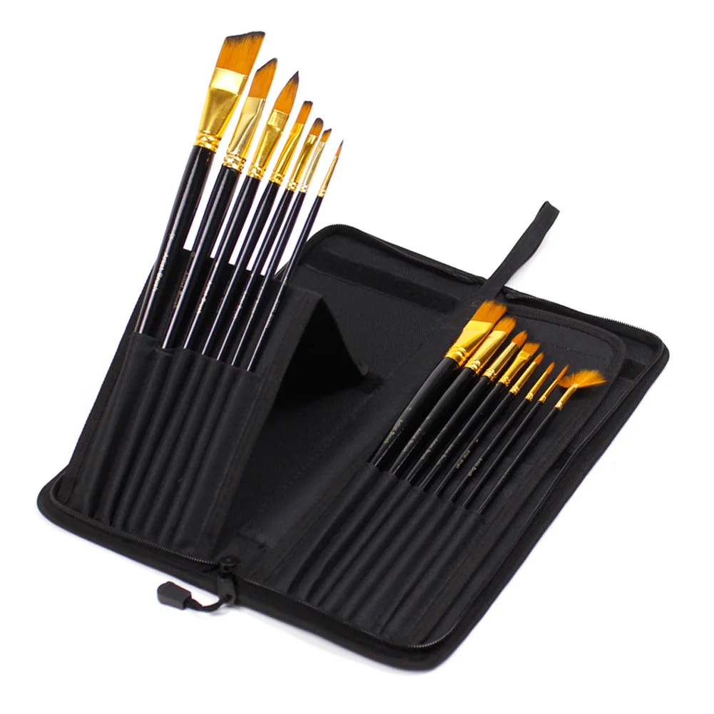 

15pcs/set Pen Nylon Different Shapes Lightweight Wood Handles Art Supplies With Carrying Case Paint Brush Acrylic Gouache