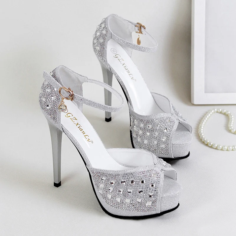 

Summer super high heel sandals rhinestone silver fish mouth shoes high heels sexy transparent wedding shoes.