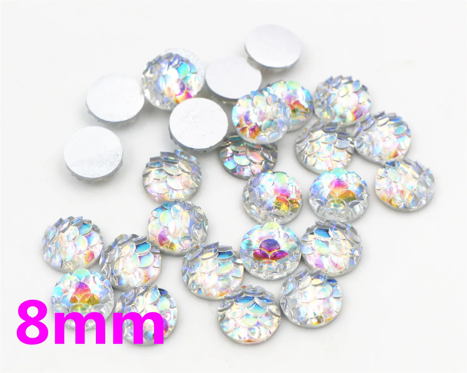

New Fashion 8mm 40pcs Transparent AB Colors Fish scales Style Flat back Resin Cabochons For Bracelet Earrings accessories-O6-21
