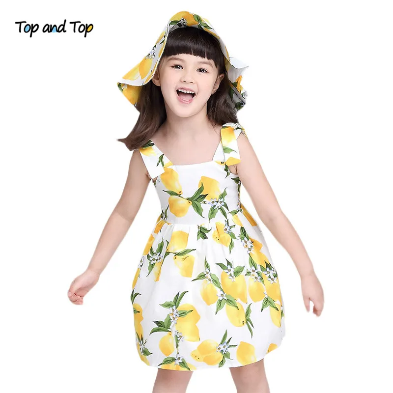 Топ и топ, платье принцессы для девочек детские пляжные платья платье-пачка для малышей милое Модное детское праздничное платье с лимонами и шляпой, 2 предмета