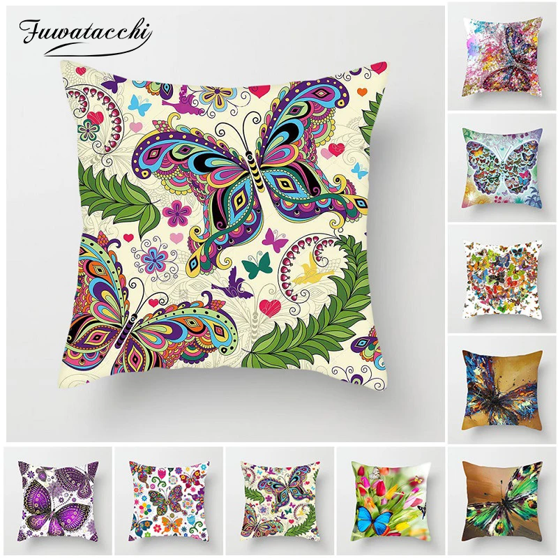 Best Fuwatacchi Romantic Butterfly Pillow Cover Animal Cushion Cover for Sofa Home Chair Flower Butterfly Decorative Pillows 45*45cm