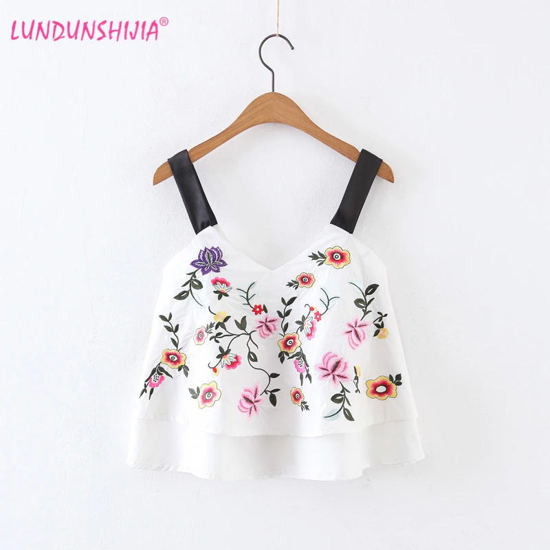 

LUNDUNSHIJIA New Aarrival 2018 Summer Flowers Embroidery Sexy Camisole Tops Women White Tank Top