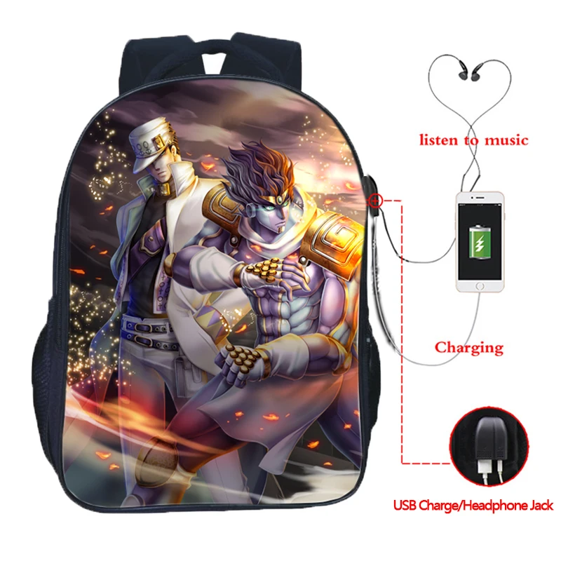 JoJo No Kimyou Na Bouken JoJo's Необычные Приключения Jotaro USB Chargingbackpack для мужчин женщин мальчиков девочек рюкзаки школьные сумки - Цвет: 25