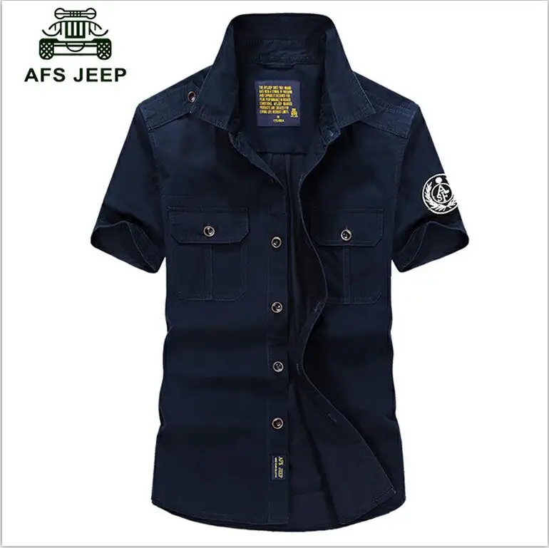 AFS JEEP рубашка мужская повседневная Летняя с коротким рукавом Camisa masculina армейские военные мужские рубашки размера плюс 4XL хлопок Chemise Homme - Цвет: deep blue