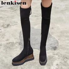 Lenkisen/женские флоковые ботфорты на высокой танкетке с квадратным носком, на молнии, на платформе, большие размеры, L46