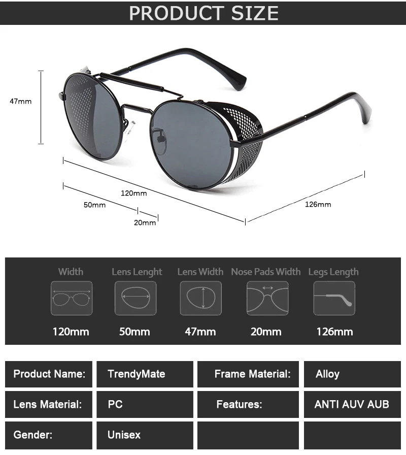 Новые солнцезащитные очки в стиле ретро, стимпанк Круглый Дизайнер пара панк металлические щиты солнцезащитные очки Для мужчин Для женщин