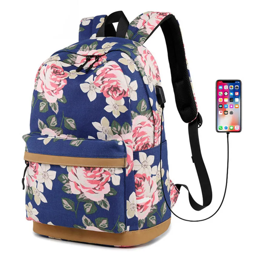 

Women External USB Charge Backpack Canvas Backpack Female Mochila Escolar Girls Laptop Backpack School Bags Backpack for teens