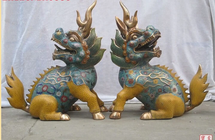 

shitou 002697 16"Royal Regius Cloisonne bronze gold Alroy FOO DOG kylin Kirin PAIR Statue discount 30% (C0324)
