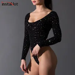 InstaHot сексуальный Совок Назад Low Cut боди Для женщин с длинным рукавом Весна Bodycon комбинезоны топы С Открытой Спиной Женский Клубная одежда