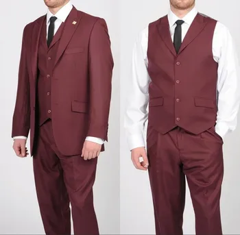 

Dark Red 3 Pieces Single Breasted Mens Suits Wedding Suits for Men Groom Tuxedos Business Formal Suit (Jacket+Pants+vest+tie)