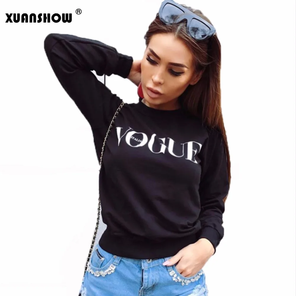  XUNASHOW 2019 Autumn Winter Fleece Sweatshirts for Women Pullover VOGUE Printed Letters Tops