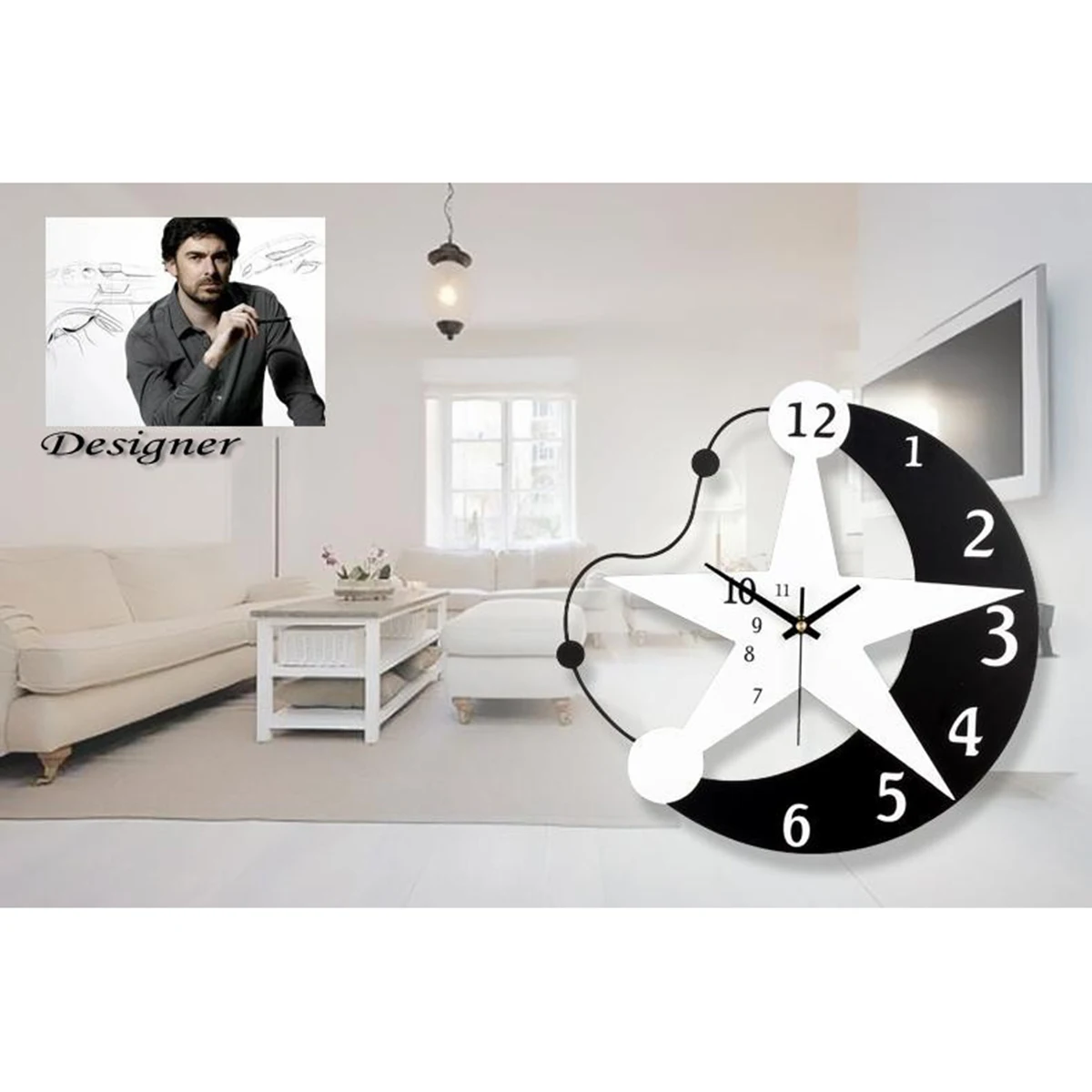 Silent Wall Clock Moon Stars Wall Clock Black White Wooden Modern