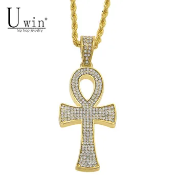 

UWIN Egyptian Ankh Key of Life Gold Silver Cross Pendant Necklace Chain Bling Full Rhinestone Crystal Cross Pendant Punk Jewelry