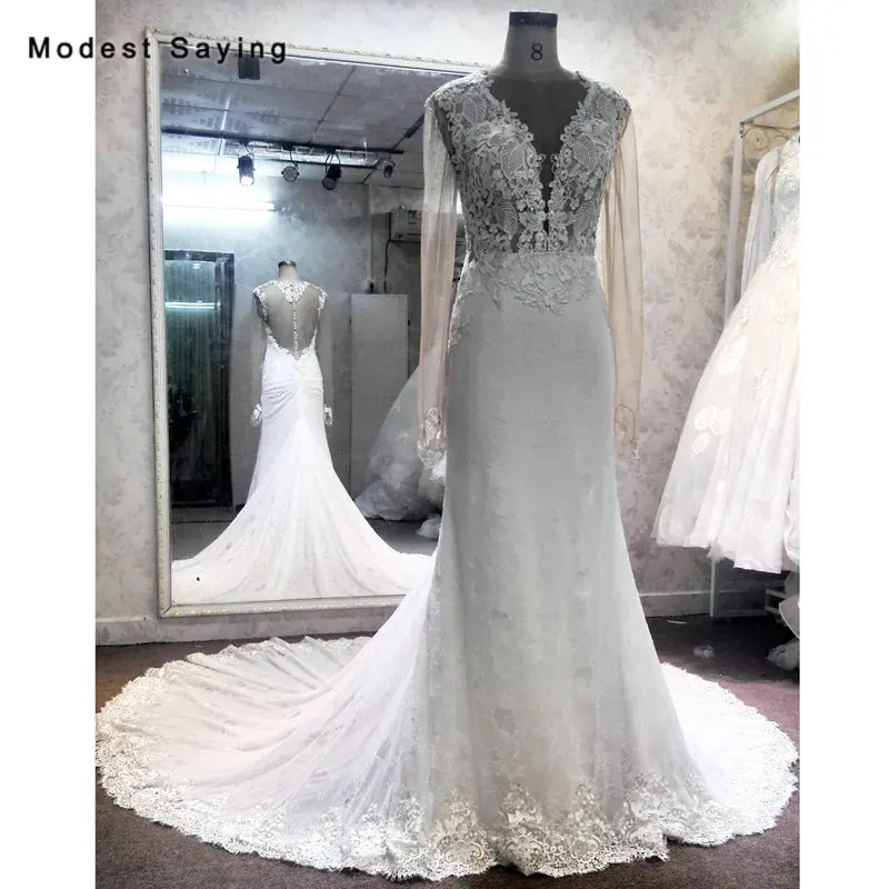

High Quality Ivory Mermaid Beaded Lace Long Sleeves Wedding Dresses 2018 with Nude Nettings Women Bridal Gowns vestidos de noiva