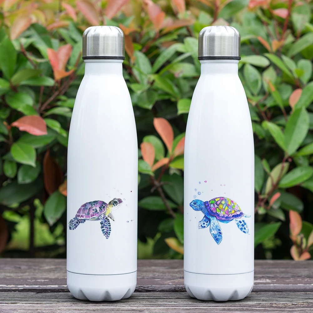 Акварельные стильные бутылки с морской черепашкой изолированные вакуумные чашки из нержавеющей стали двухслойные термосы с принтом черепахи уникальный дизайн