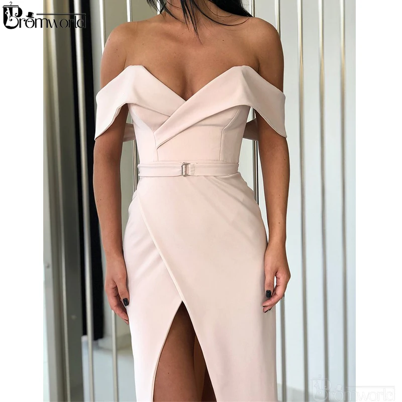 Champagne Evening Dresses robe de soiree Off the Shoulder Sheath Prom Dress High Slit Sexy Long Elegant Evening Gown