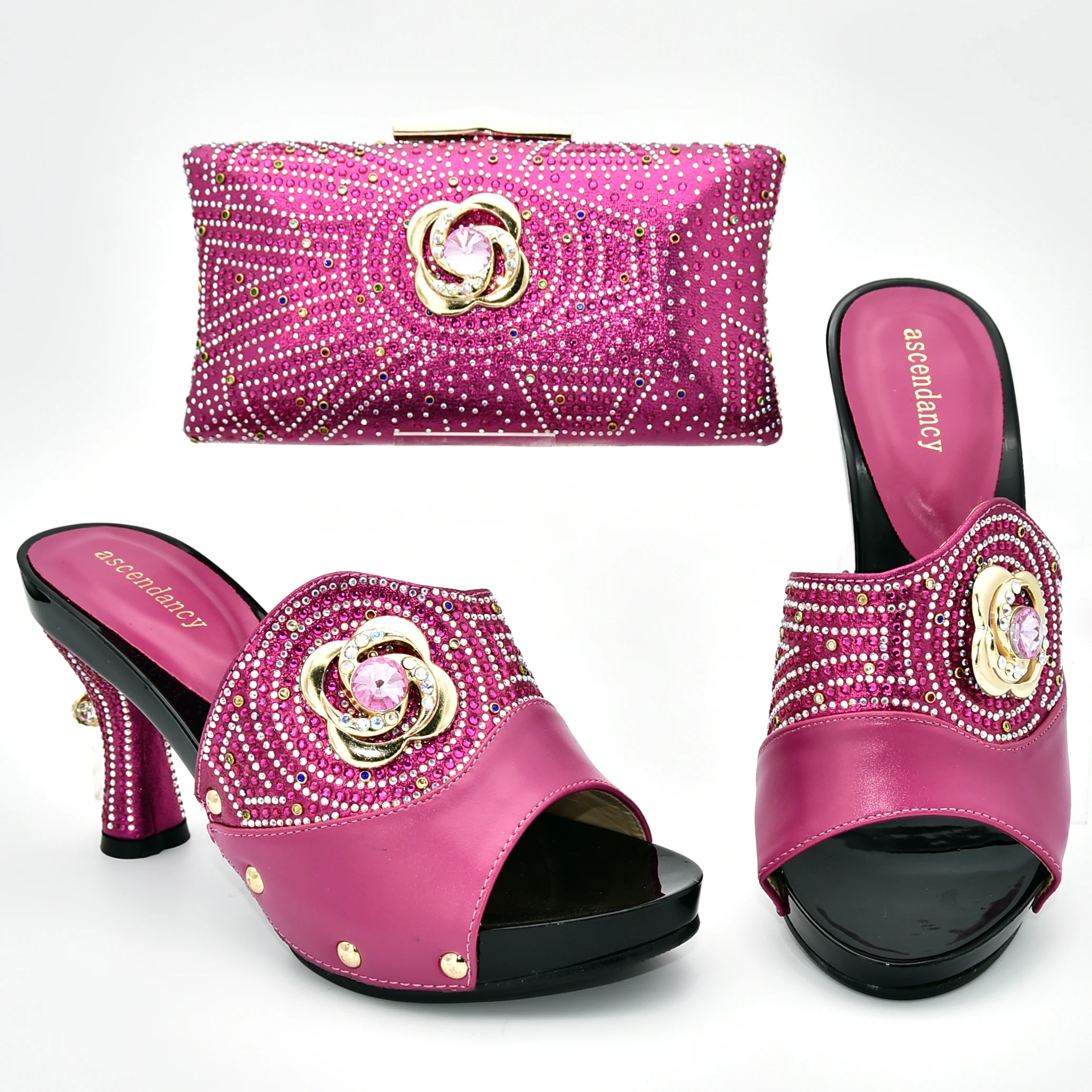 

3.5 inches slippers shoes with clutches bag for african aso ebi wedding in fushia pink color rhinestones shoes bags set SB8396-5