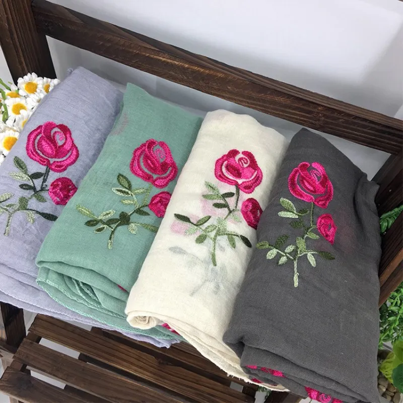Luxury Brand Long Embroidered Scarf Women Cotton Scarves Shawls Rose Flower Embroidery Scarf