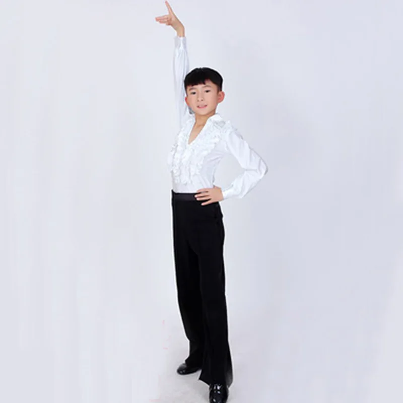 Новинка 2019 года Мальчик Костюмы для латинских танцев платье Одежда для латинских танцев Ruffly синий белый черный костюмы бальных этап