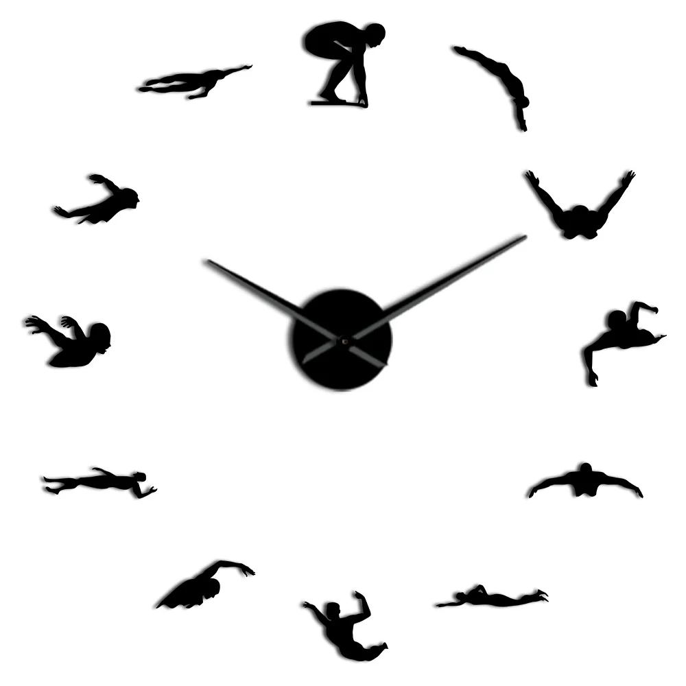 Swimming Sport 3D DIY Wall Clock Unique Gift For Swimmer Mirror Surface Quiet Sweep Clock Watch Athlete Fashion Home Decoration - Цвет: Black