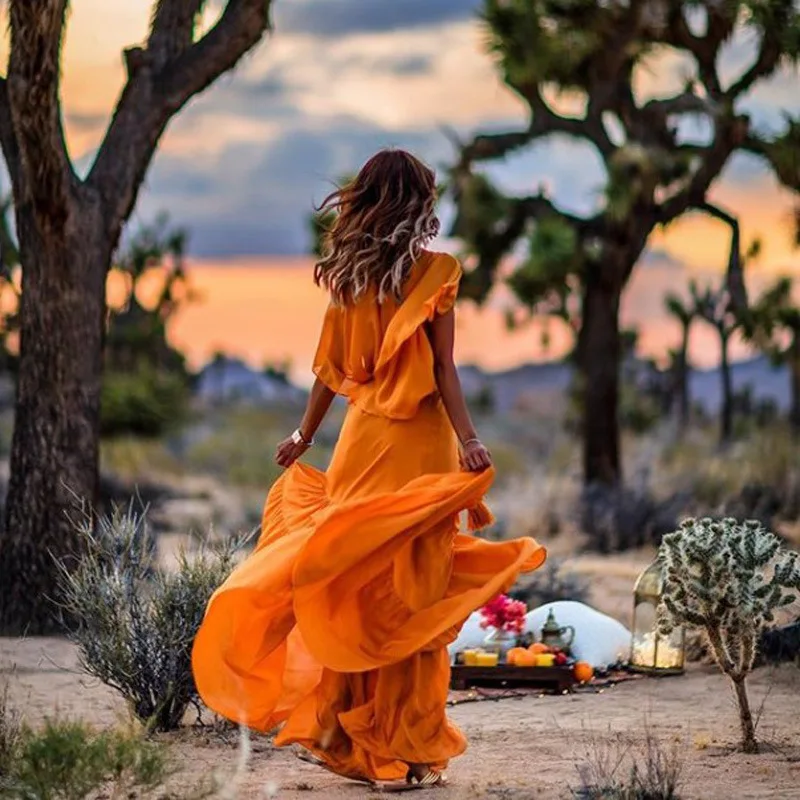 Модное однотонное летнее богемное пляжное платье плащ с оборками рукавом женские платья макси вечернее Ночное платье оранжевого цвета