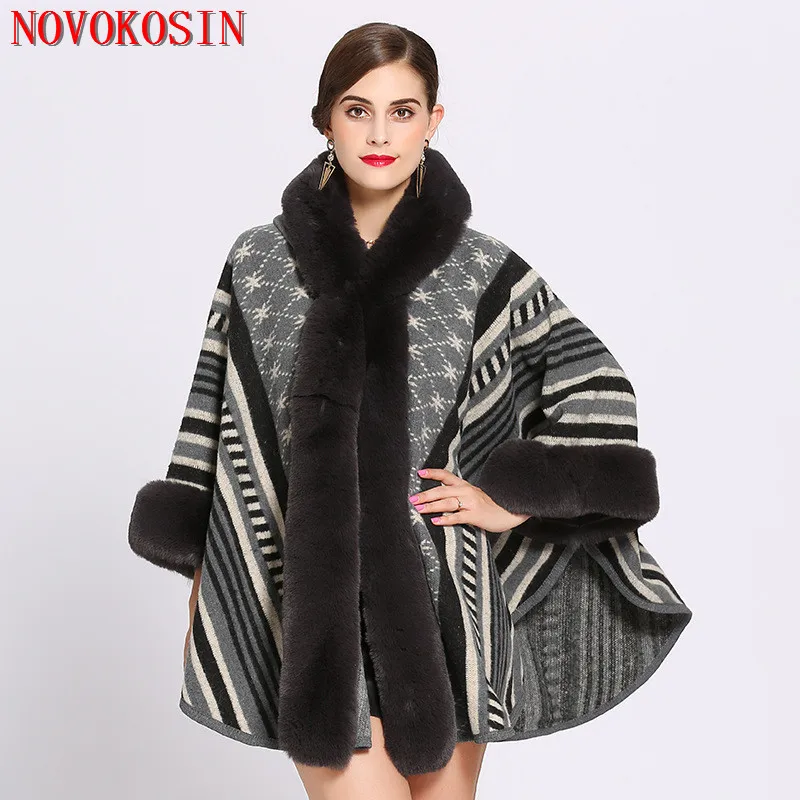 

2018 Oversize Knitted Sweater Cardigan With Hat Winter Faux Rabbit Fur Poncho Women Printed Designer Female Long Sleeves Shawl