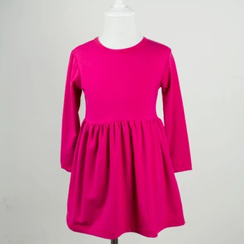 

High Quality Solid color Children Boutique Clothing sweet hot pink cotton dress long sleeve baby girl frock