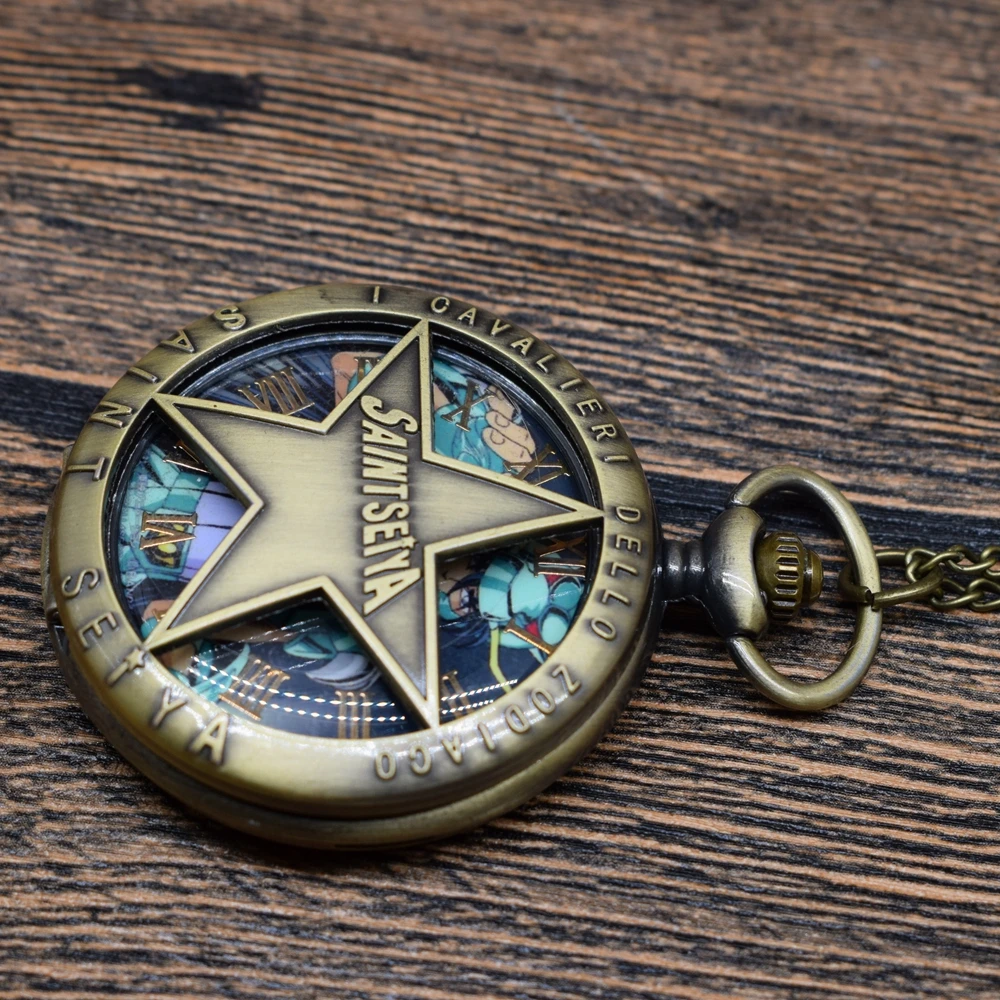 

Pocket Watch Vintage Bronze Japanese Cartoon Cool Saint Seiya Quartz Pocket Watch with Necklace Chain Watch