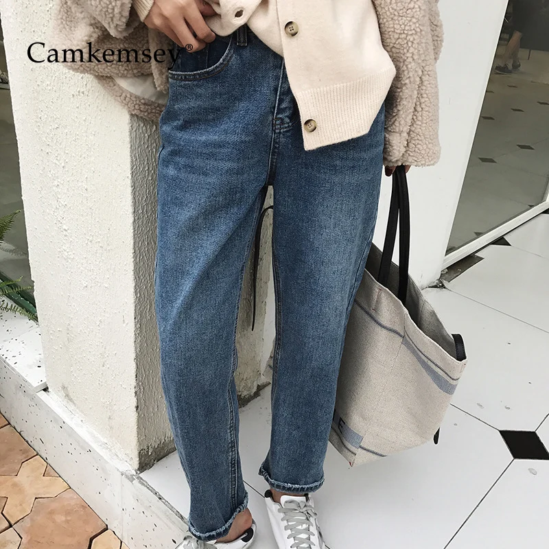 

Camkemsey Classic Blue Loose Boyfriends Jeans For Women 2019 New Autumn Casual Cotton Vintage High Waist Mom Jeans Woman