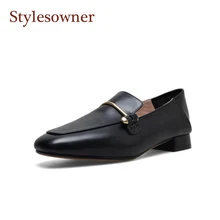 Stylesowner/; женская повседневная обувь из мягкой кожи; лоферы на плоской подошве с квадратным носом; Осенняя обувь высокого качества с металлической пряжкой; zapatos mujer