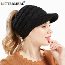 Buttermere preto messy bun beanie feminino rabo de cavalo gorros outono inverno chapéus feminino macios bonés de tricô quente sólida senhoras skullies(China)