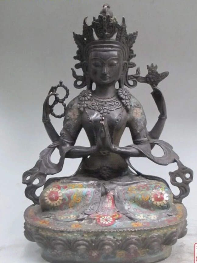 

12"Tibet patron saint purple bronze Cloisonne Four-armed Avalokitesvara quan yin
