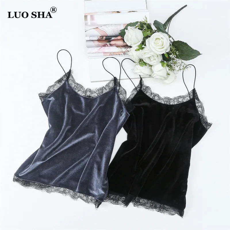 

LUO SHA Plus Size Women's Tank&Camisole Women Summer Lace Patchwork Straps Female Sexy Sling Straps Top