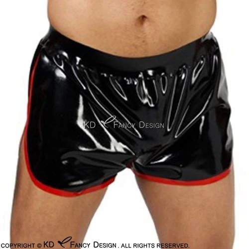 

Black With Red Trims Sexy Latex Boxer Shorts With Pockets Rubber Underwear Shorts Underpants Pants DK-0121