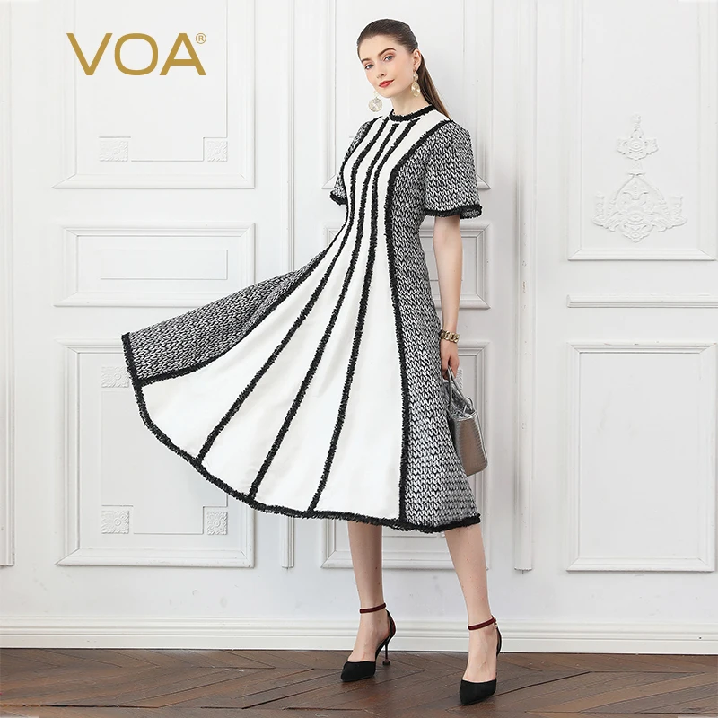

VOA Silk Long Dresses Women Party Dress Slim Tunic High Waist White Houndstooth Striped Fall Flare Sleeve vestidos Jurken A10023