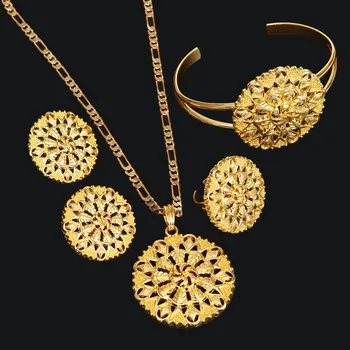 

Ethiopian Heavy Jewelry set 24 k Solid Golid FINISH Pancake Pendant Chain Earring Ring Bangle Big Flower Jewellery Eritrea