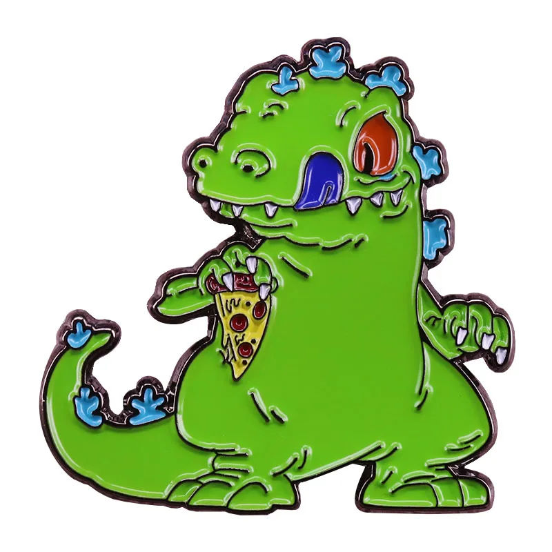 

Reptar on slice pizza brooch green T-rex badge Tommy Pickles Rugrats pin nostalgic cartoon jewelry