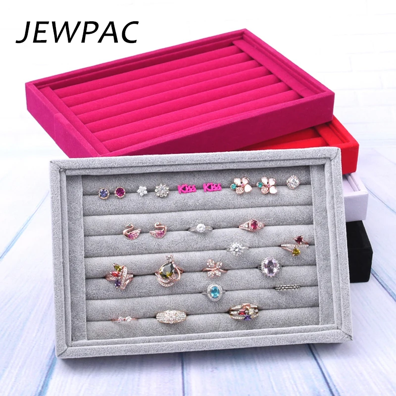 

JEWPAC Gray/Black/Rose red Velvet Jewelry Finger Ring Holder Tray Jewelry Display Stand Box For Shop Counter Jewelry Organizer