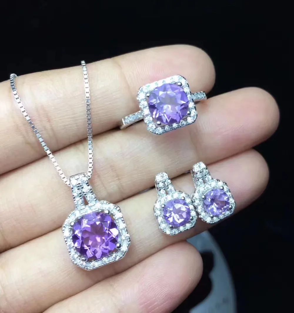 Natural Amethyst Ring Pendant Earrings Gemstone Jewelry Set Natural Amethyst Ring Pendant Earrings Gemstone Jewelry Set S925 Silver Clic Square Women Party In Sets From