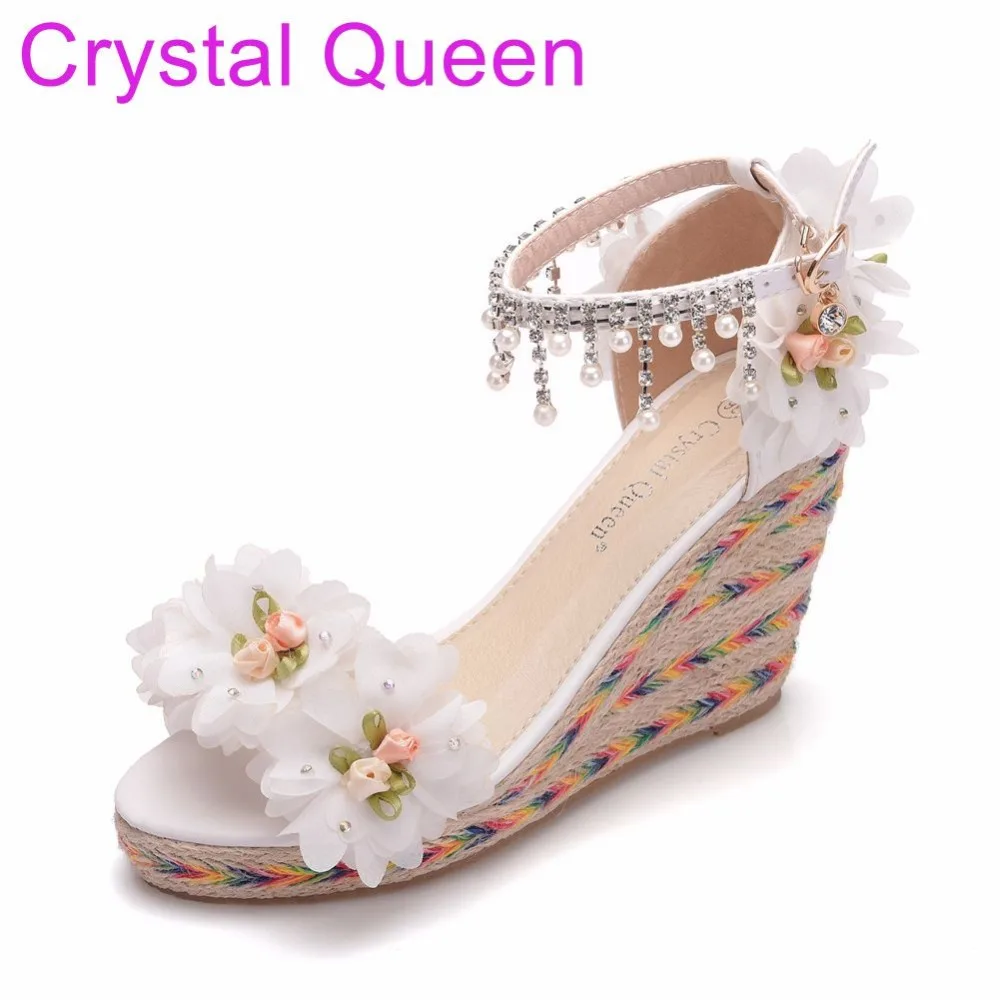 

Crystal Queen 9cm Peep Toe Platform Wedges High Heel Sandals White Flower Wedges Sandals Platform Sandals Shoes Plus Size 33-42