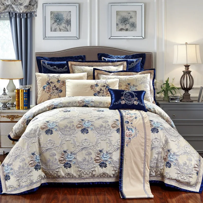 Cotton Flat sheet Bed Spread Duvet Cover Pillowcases Blue Jacquard Luxury Bedding Set 4