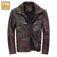 Коричневая винтажная воловья куртка мужская Осенняя натуральная коровья кожа пальто Мужская мотоциклетная воловья кожа пальто Верхняя одежда