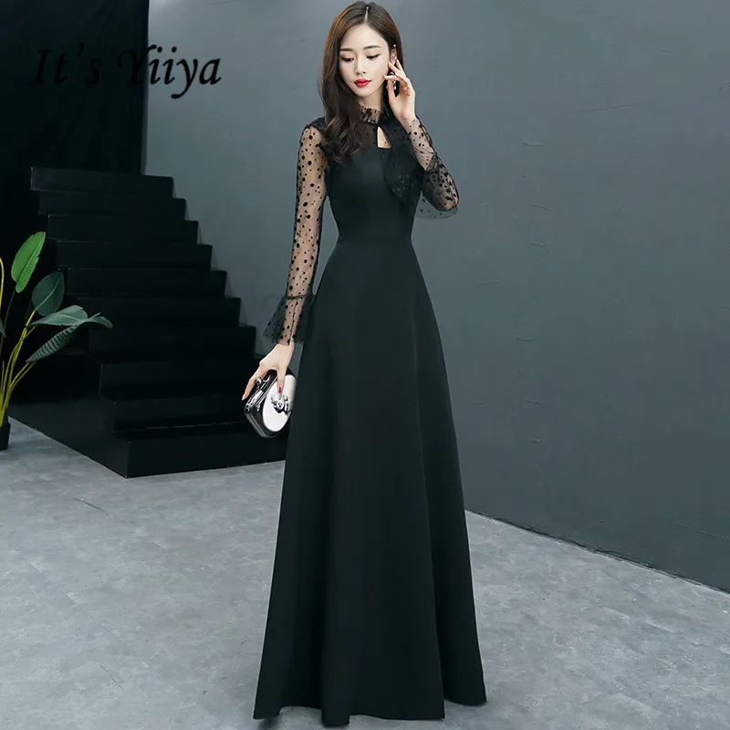 Это YiiYa вечернее платье с длинным рукавом и круглым вырезом, черные модные вечерние платья, элегантные вечерние платья в горошек для женщин E062