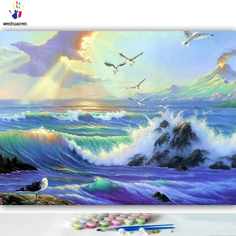 DIY картинки для раскраски по номерам с цветами красивый морской цвет картина Рисование Живопись по номерам в рамке дома
