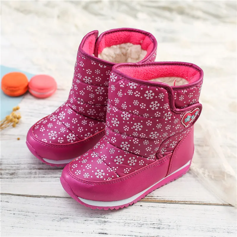 Mudipanda/Детские теплые зимние сапоги; водонепроницаемые сапоги до середины икры для девочек; детские зимние сапоги; зимняя детская обувь; плюшевая Уличная обувь со снежинками - Цвет: Rose