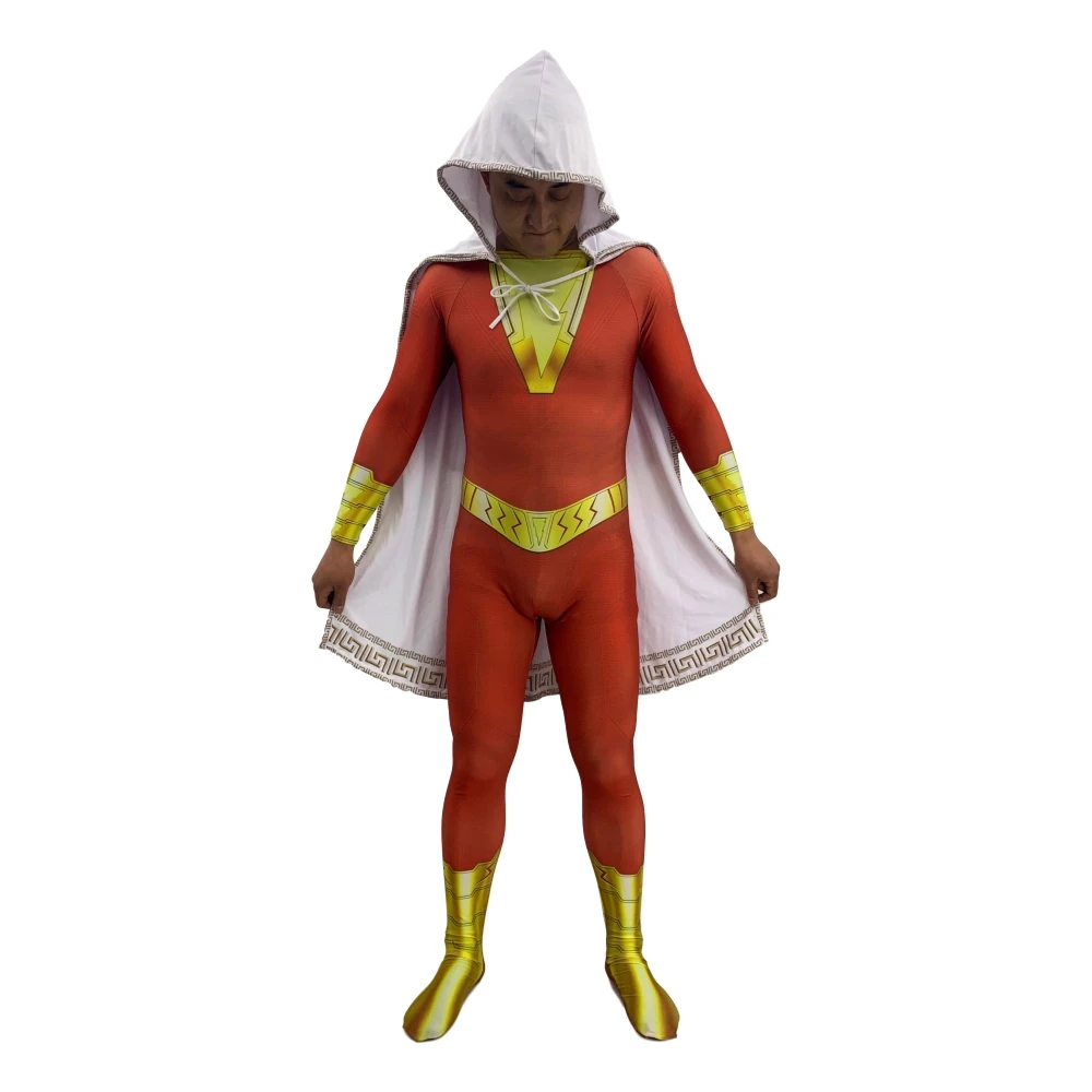 

Captain Marvel Costume Shazam Billy Cosplay Costumes Billy Batson Costume Cloak Suit with Brooch Superhero Bodysuit Halloween