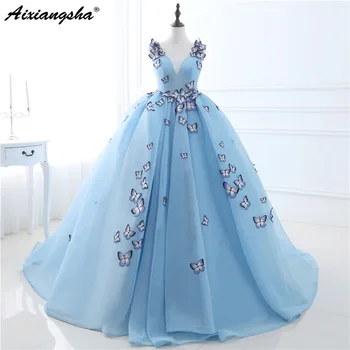 

Sky Blue Embroidery 2019 Butterfly Ball Gown Evening Dress Deep V-neck Lace Back Floor Length Flowers Sweet 16 Dresses