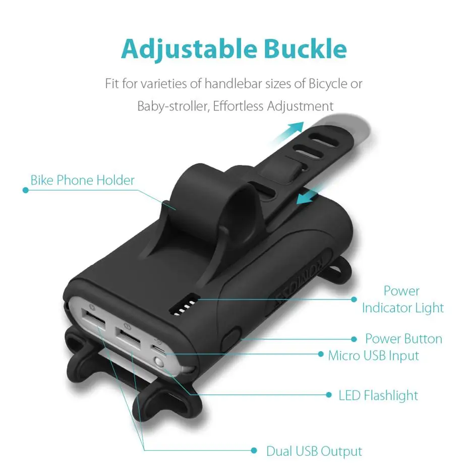 Romoss10000mAh 2-Port Power Bank 2 in 1 Portable Charger Bicycle Handlebar Stroller Clamp USB External Battery Pack 6