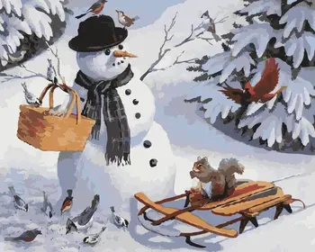 

Framelss DIY canvas oil painting by numbers Snow Landscape unique gift craft DIY Coloring by Numbers Winter Snowman