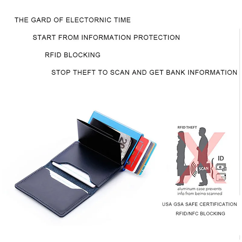 Billig Casekey Blau Echtem Leder Brieftasche Kreditkarte Halter Metall mit RFID Blocking Schlank Edelstahl Karte Fall Brieftasche für Männer Frauen